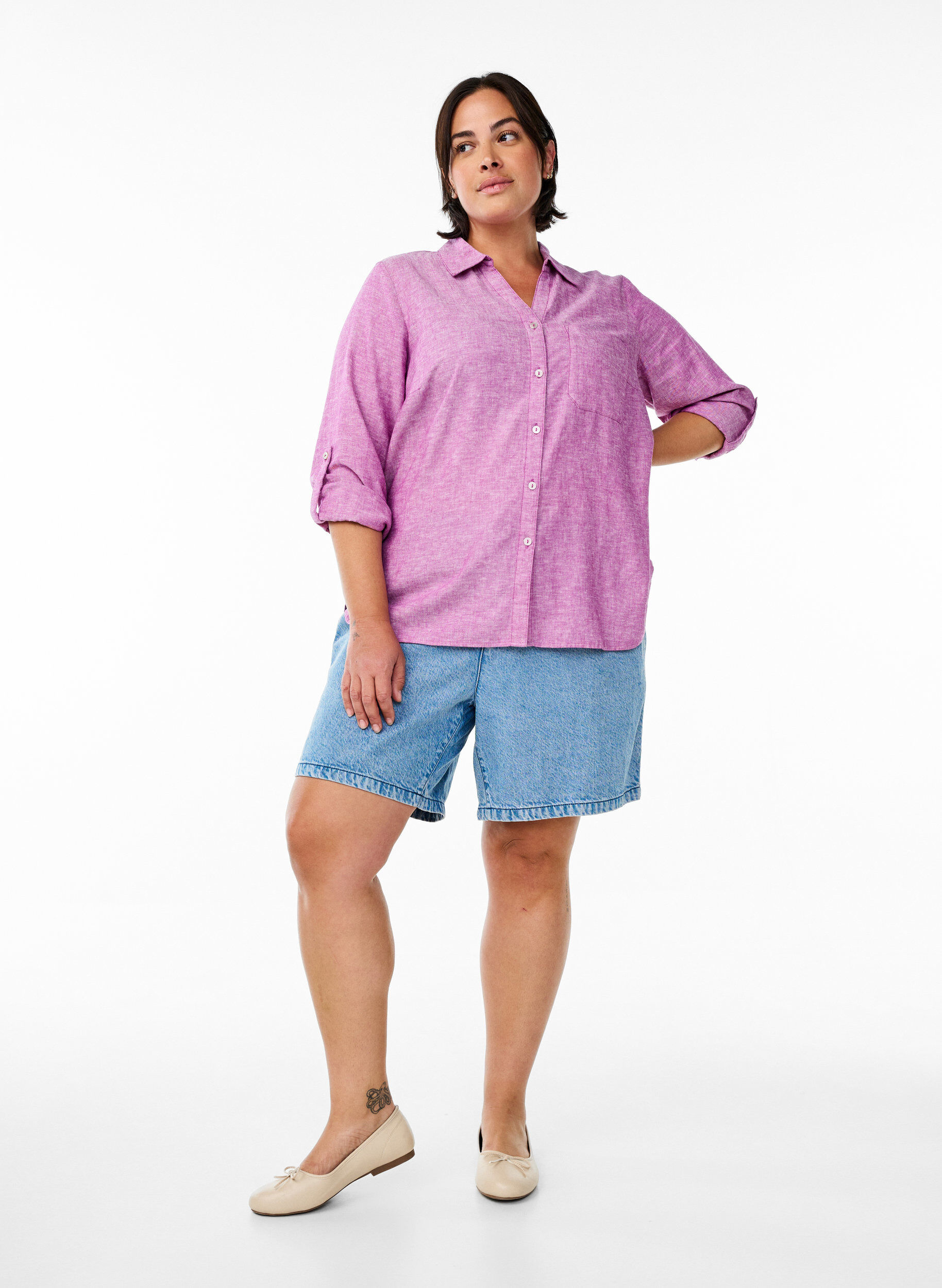 Zizzi Bluse aus Leinen und Viskose mit 3/4-&Auml;rmeln, Lila, Model image number 1