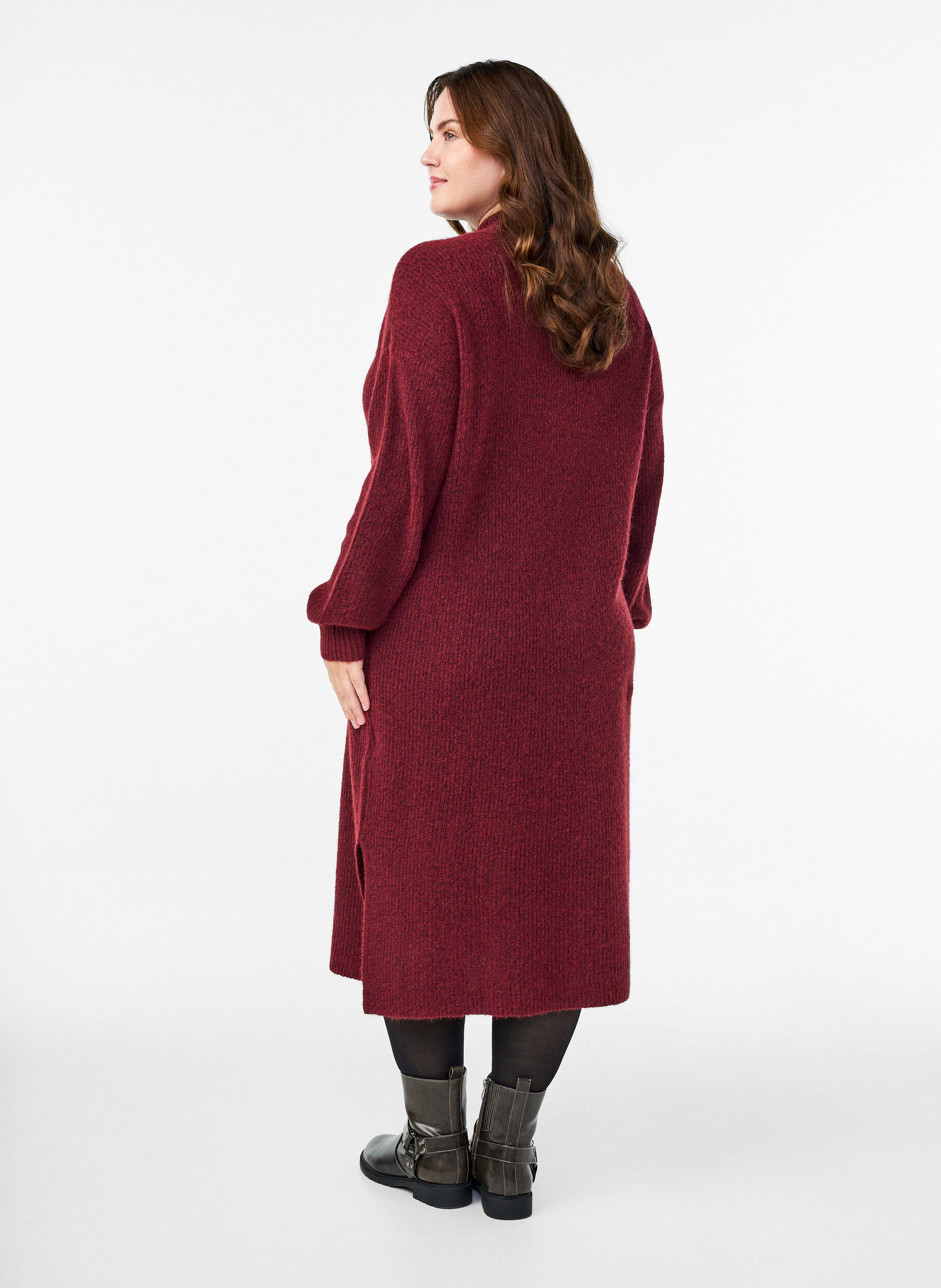 Zizzi Langes Strickkleid mit hohem Kragen, Rot, Model image number 1