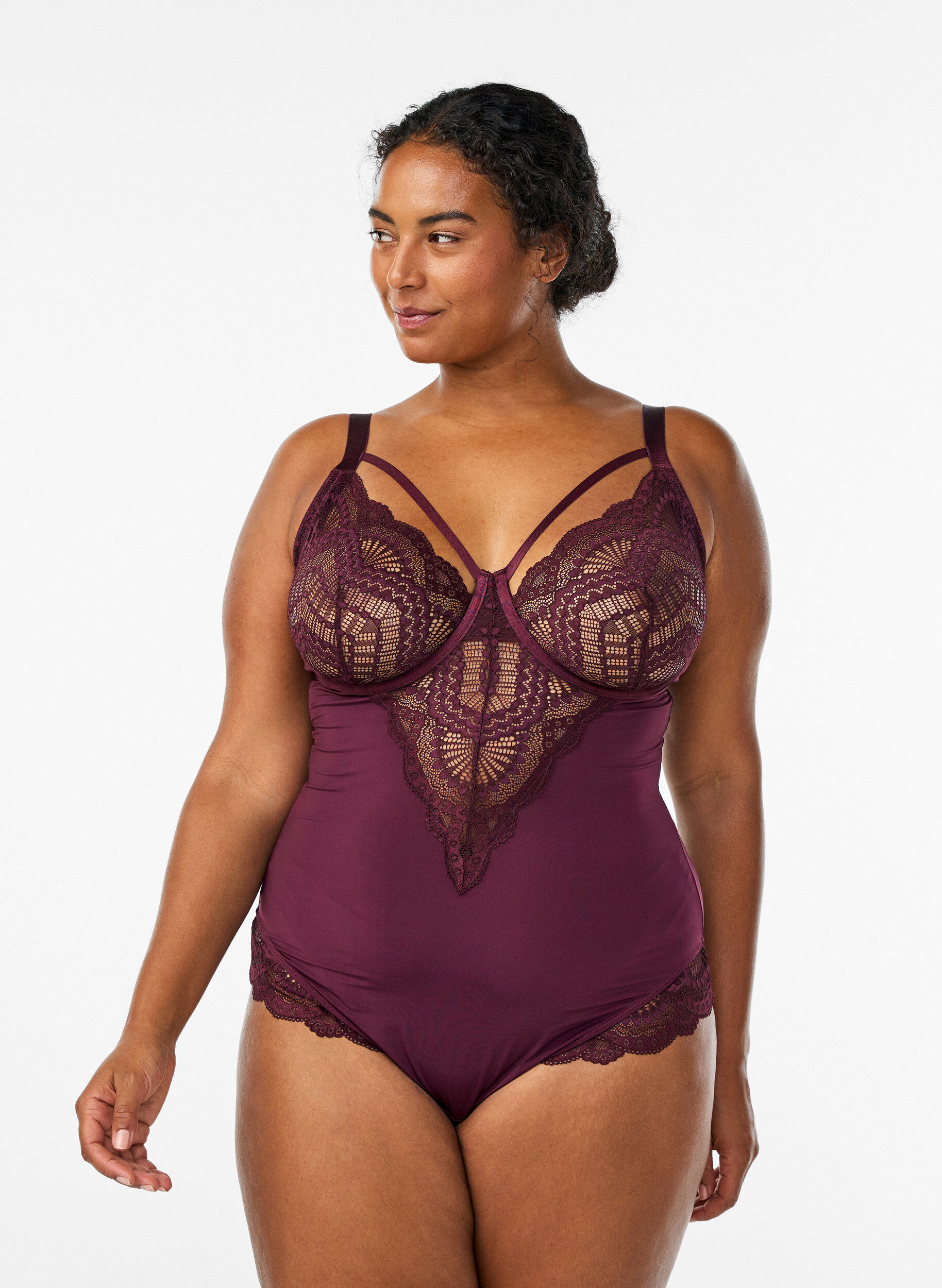 B&uuml;gel-Spitzenbody mit Tr&auml;gerdetails, Rot, Model