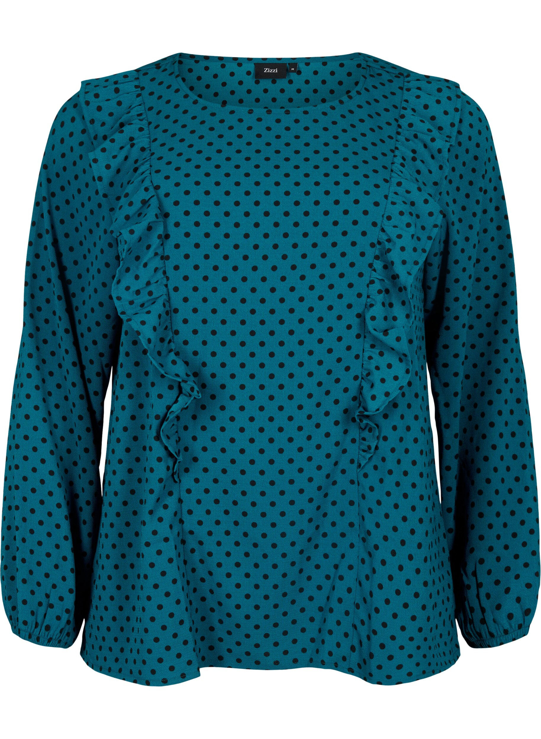 Zizzi Lang&auml;rmelige Bluse mit R&uuml;schen, Shaded Spruce Dot, Packshot image number 0