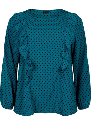 Langärmelige Bluse mit Rüschen, Shaded Spruce Dot, Packshot image number 0