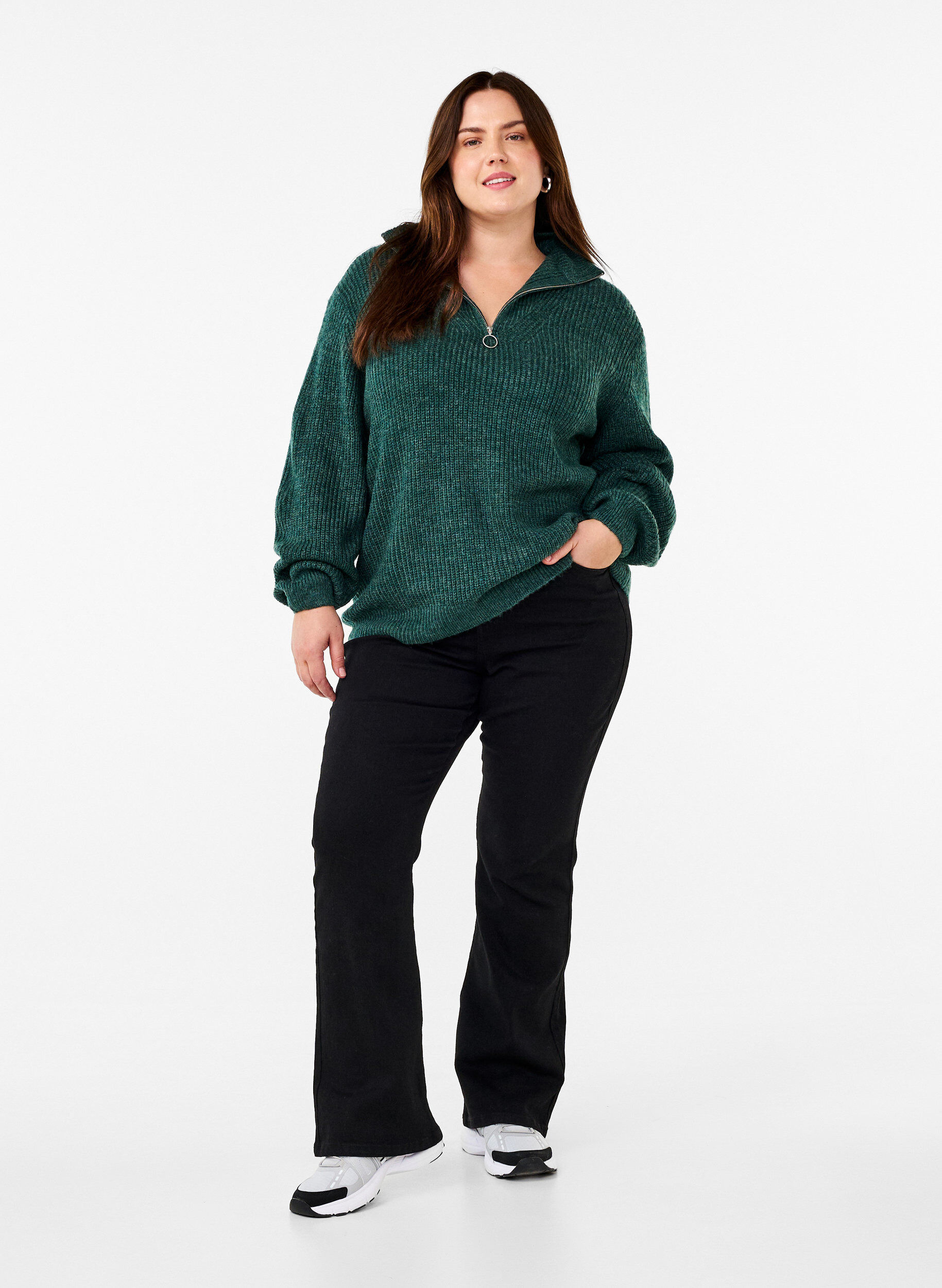 ZizziStrickpullover mit hohem Kragen und Rei&szlig;verschluss, Gr&uuml;n, Model image number 1
