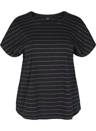 Baumwoll T-Shirt mit Schimmerstreifen, Black w Gold , Packshot image number 0