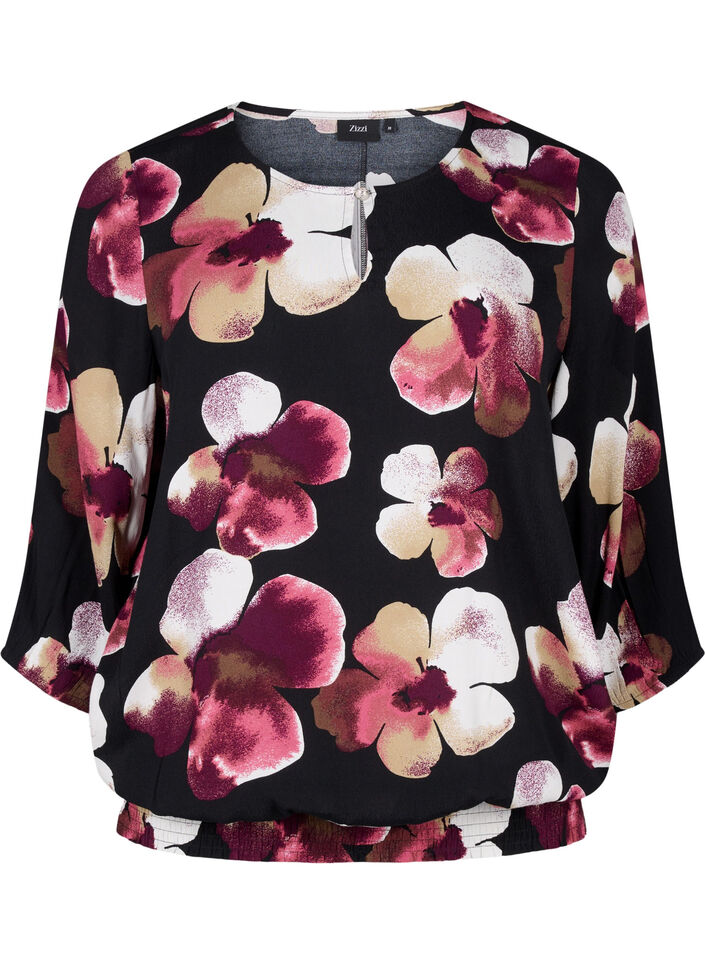 Bluse aus Viskose mit Blumenmuster und Smok, Black Pink FlowerAOP, Packshot image number 0