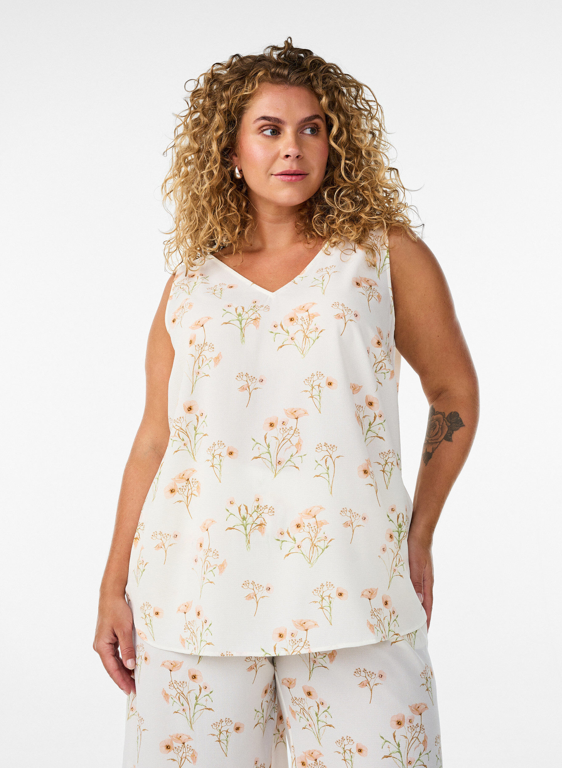 ZizziBedrucktes Oberteil mit V-Ausschnitt, Wei&szlig;, Model image number 0