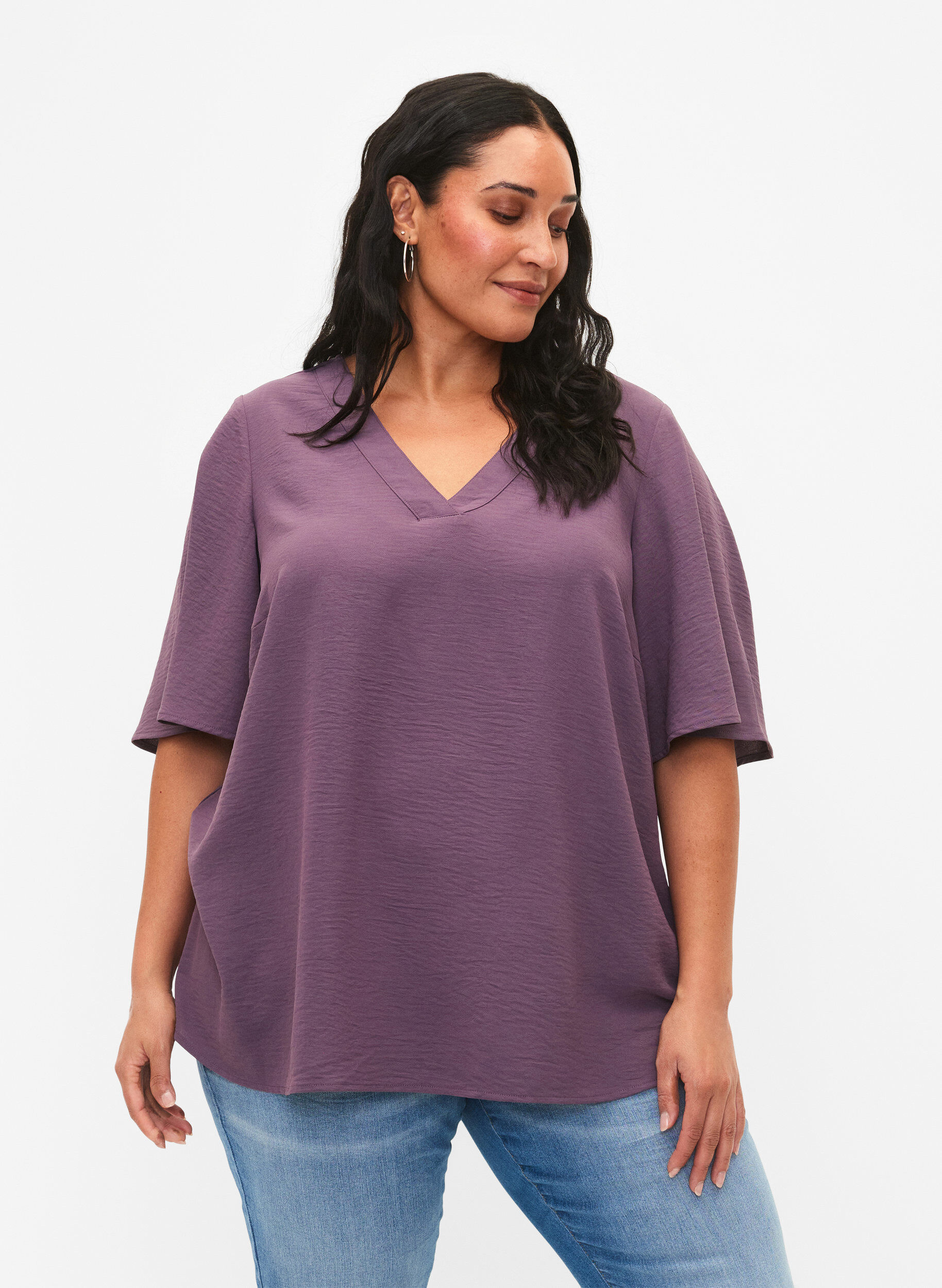 Zizzi Kurz&auml;rmelige Bluse mit A-Form, Vintage Violet, Model image number 0