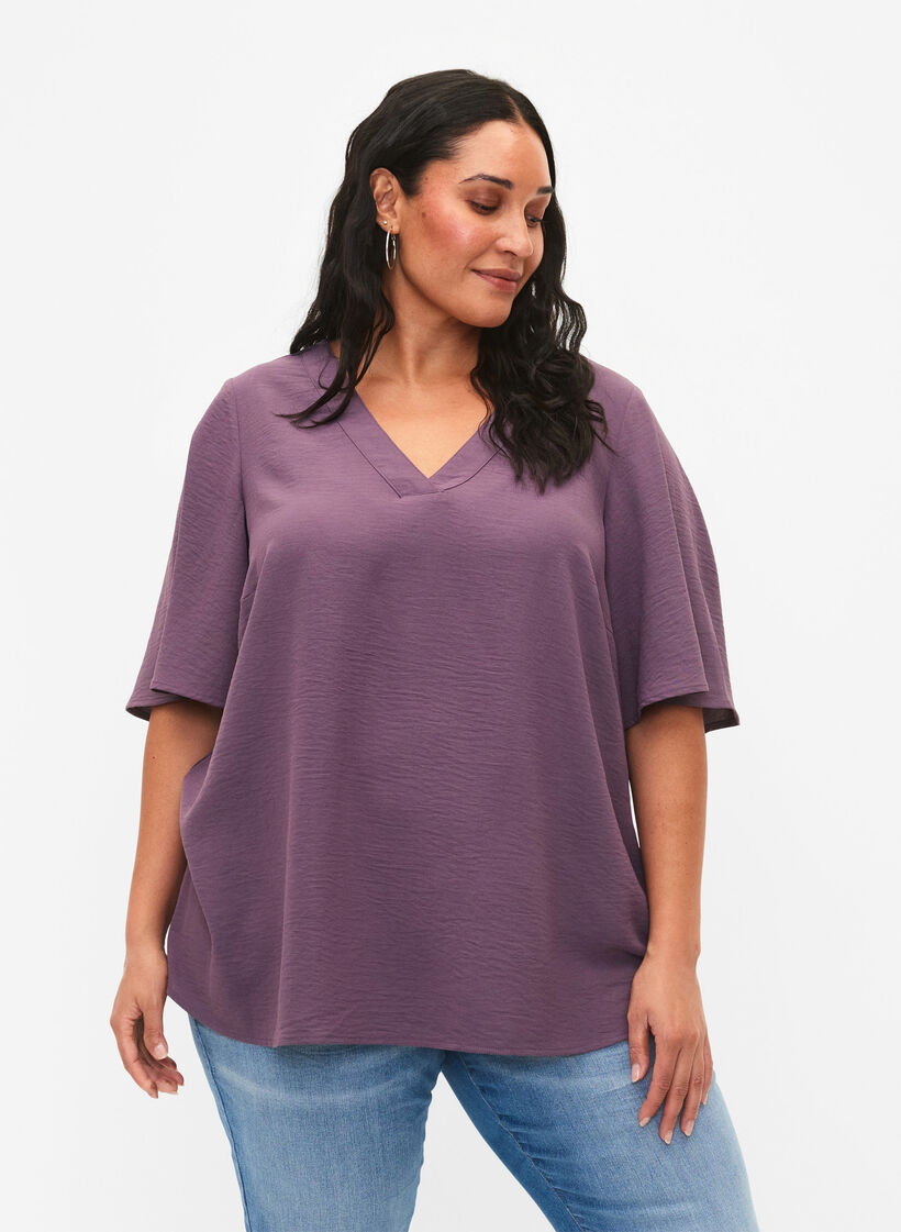 Kurzärmelige Bluse mit A-Form, Vintage Violet, Model image number 0