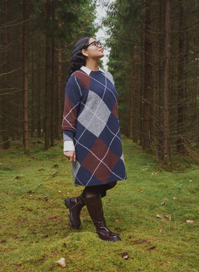 Strickkleid mit gro&szlig;em Karomuster, Blau, Image