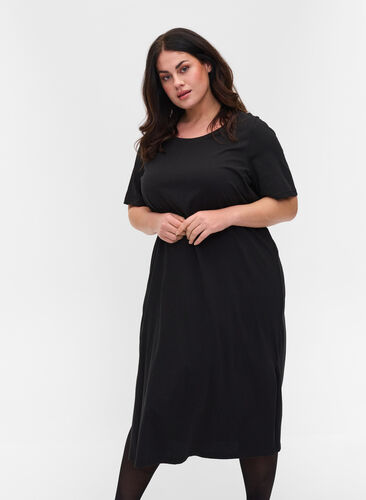 T-Shirt-Kleid aus Baumwolle mit Schlitz, Black, Model image number 0