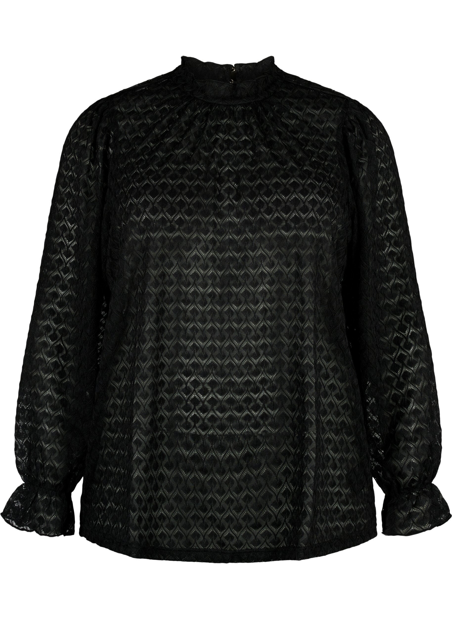 Zizzi Lang&auml;rmelige Bluse mit gemusterter Textur, Black, Packshot image number 0