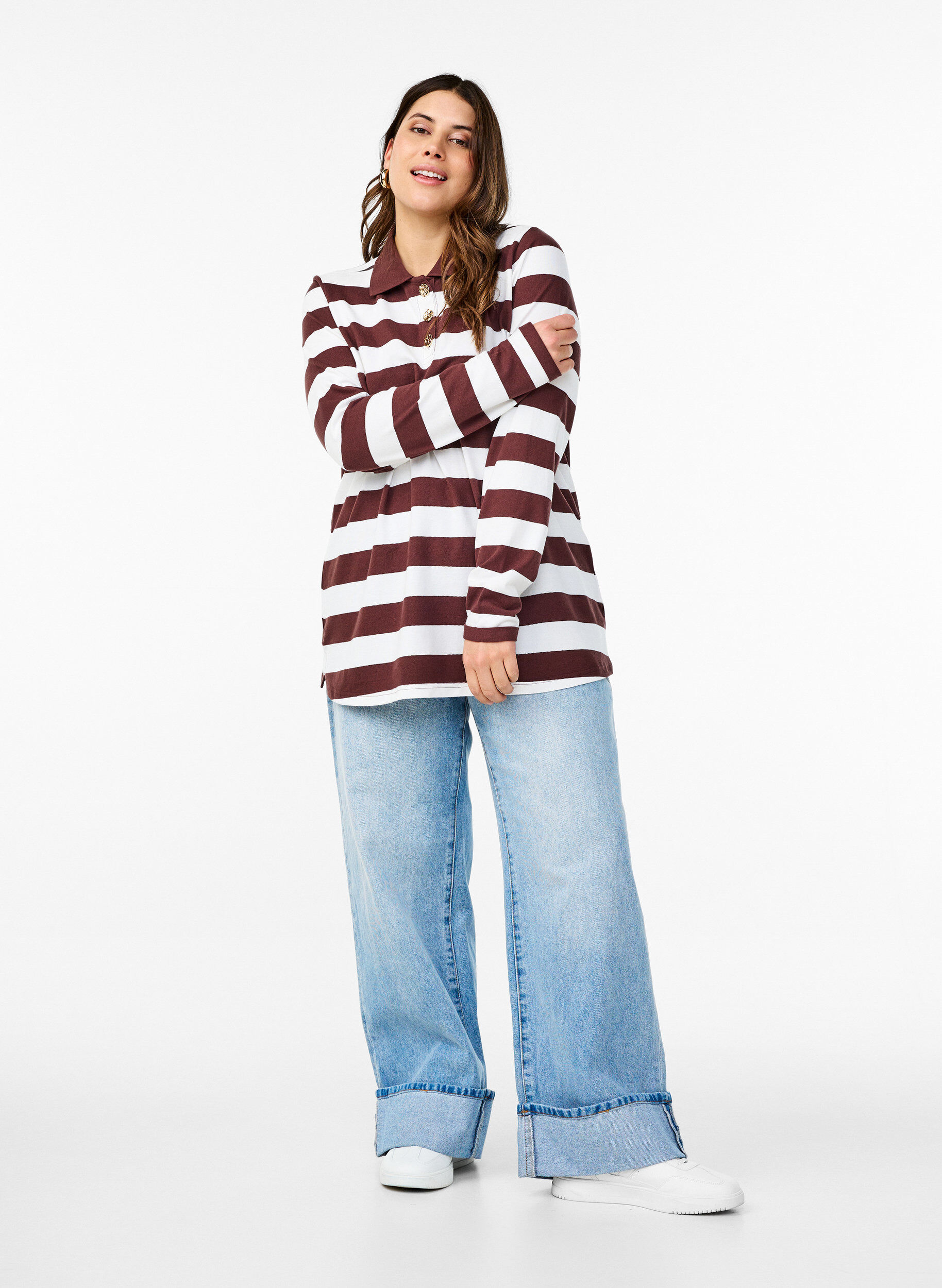 Zizzi Poloshirt mit langen &Auml;rmeln und Streifenmuster, Dunkles Bordeaux, Model image number 1