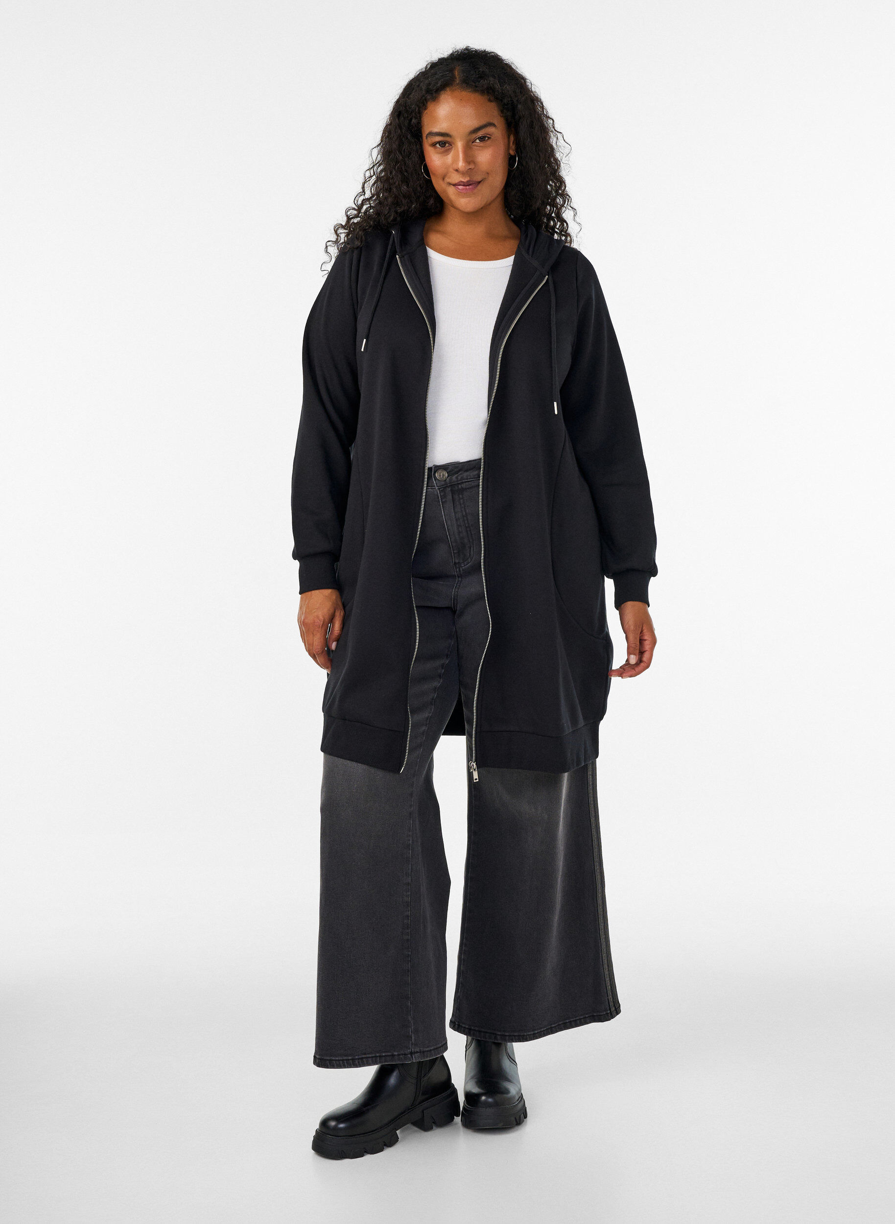 ZizziLanger Hoodie mit Rei&szlig;verschluss und Taschen, Schwarz, Model image number 1