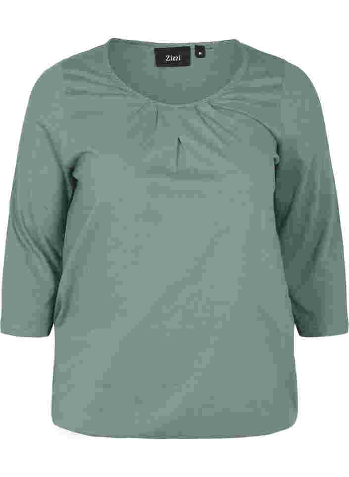Einfarbige Bluse mit 3/4-Ärmel aus Baumwolle, Laurel Wreath, Packshot image number 0