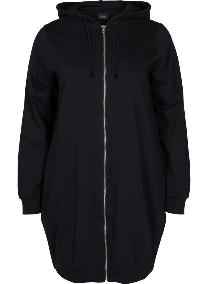 Lange Sweatjacke aus Baumwolle mit Kapuze, Schwarz, Packshot image number 0
