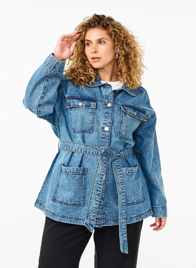 Denim-Jacke mit Bindegürtel, Blue Denim, Model image number 0