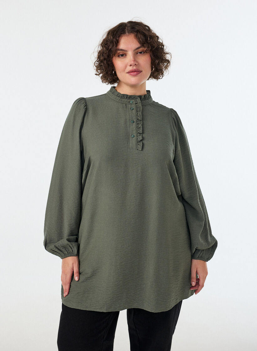 Tunika aus Viskose mit R&uuml;schen und Kn&ouml;pfen, Gr&uuml;n, Model image number 0
