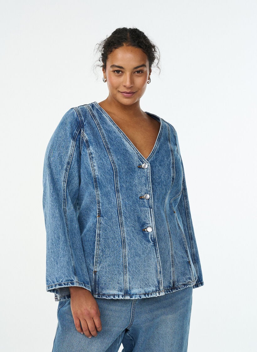 Jeansjacke mit formgebenden N&auml;hten und V-Ausschnitt, Blau, Model image number 0
