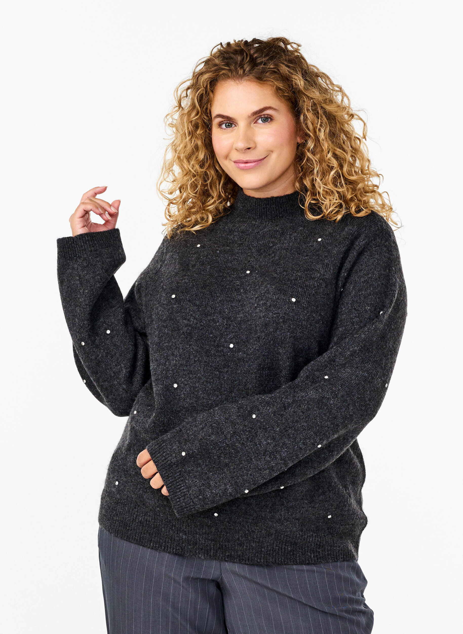 Zizzi  Strickbluse mit Strass und hohem Ausschnitt, Dark Grey Melange, Model image number 0