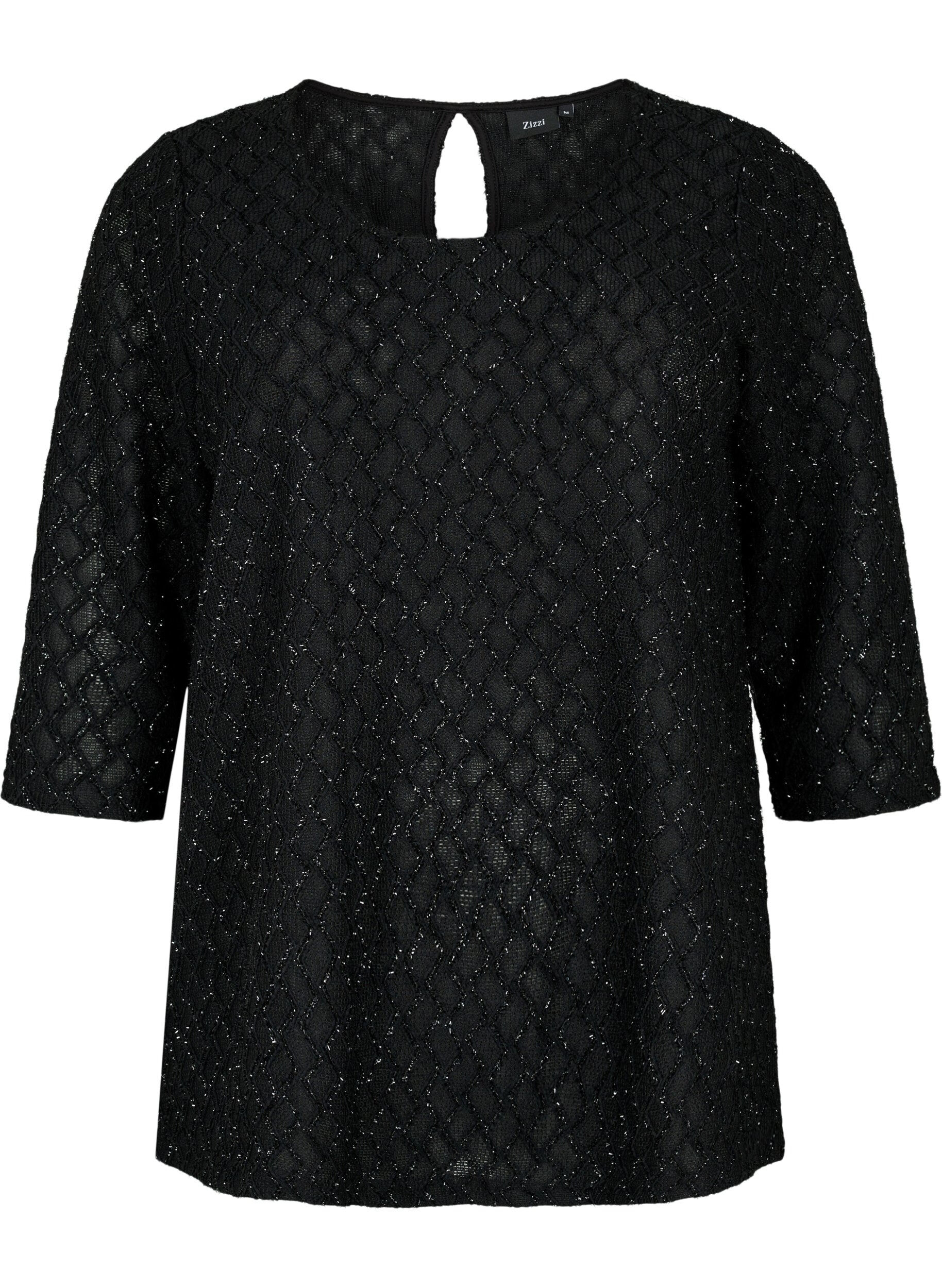 Zizzi Gemusterte Bluse mit 3/4-&Auml;rmeln und Glitzer, Black, Packshot image number 0