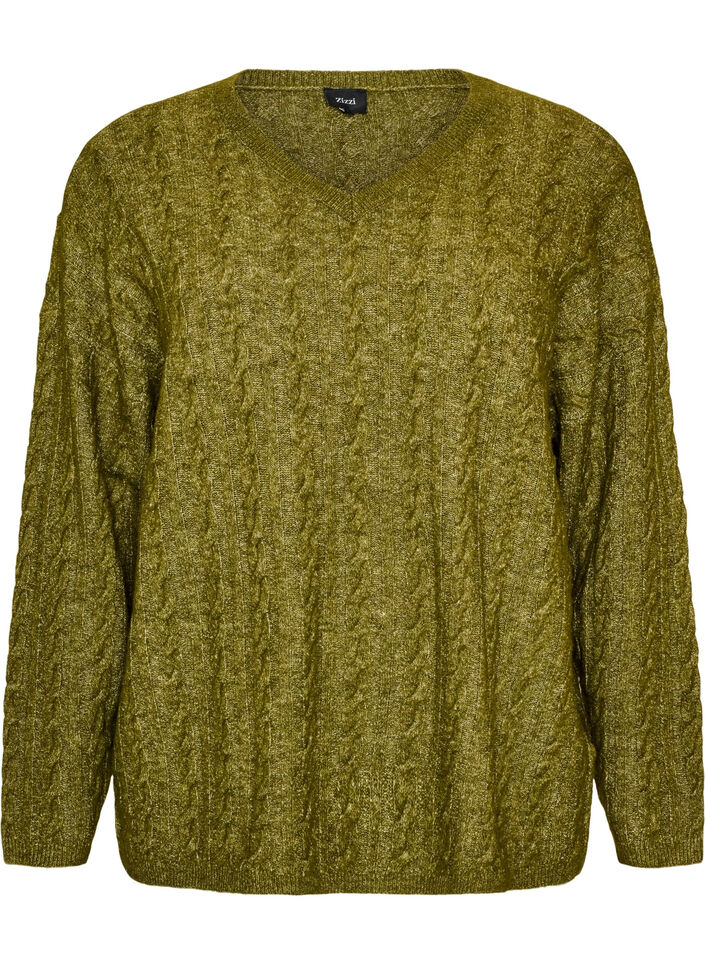 Bluse aus Strick mit Zopfmuster und V-Ausschnitt, Gr&uuml;n, Packshot image number 0