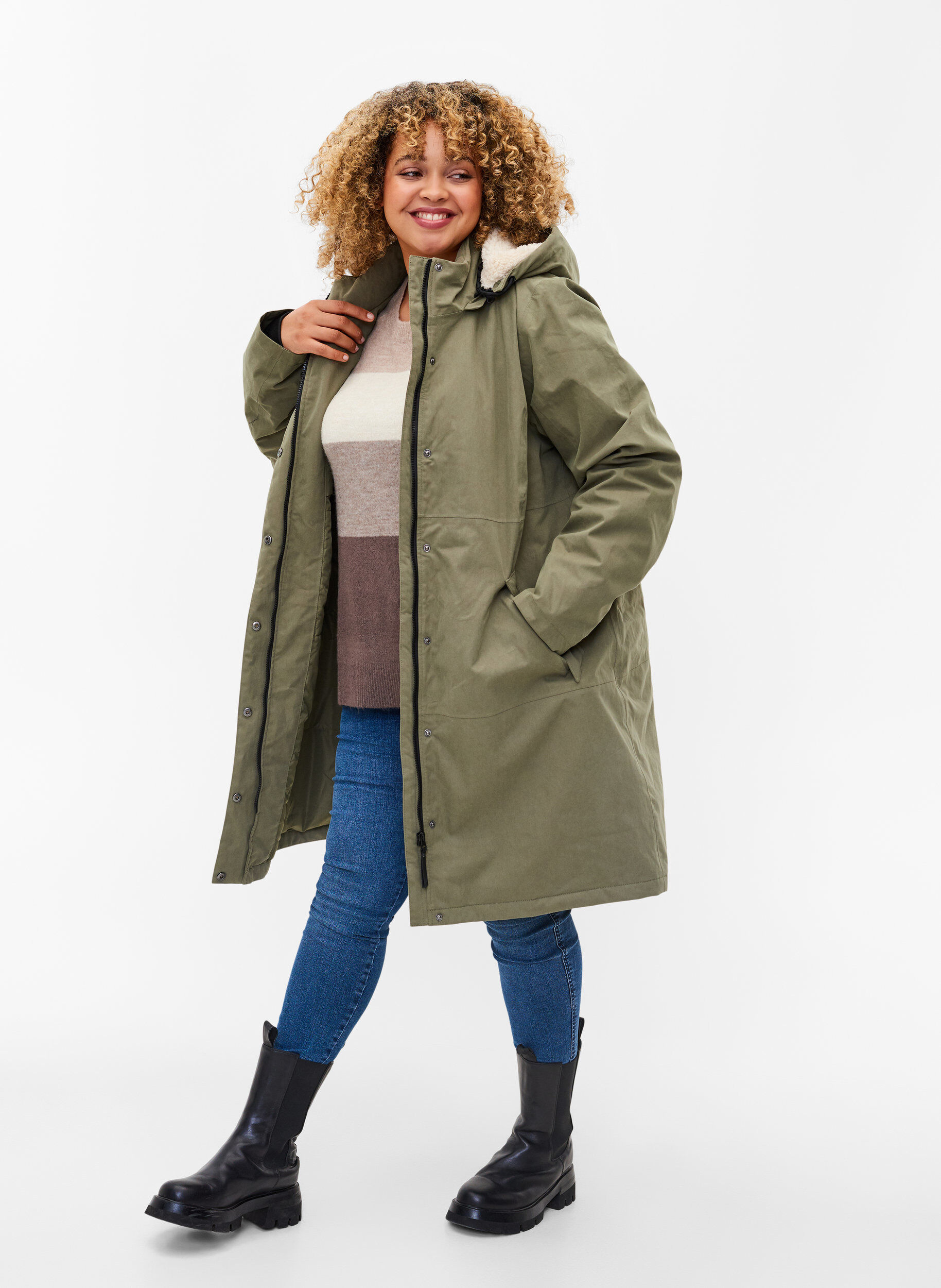 Zizzi Wasserdichte Jacke mit abnehmbarer Kapuze, Dusty Olive, Model image number 2