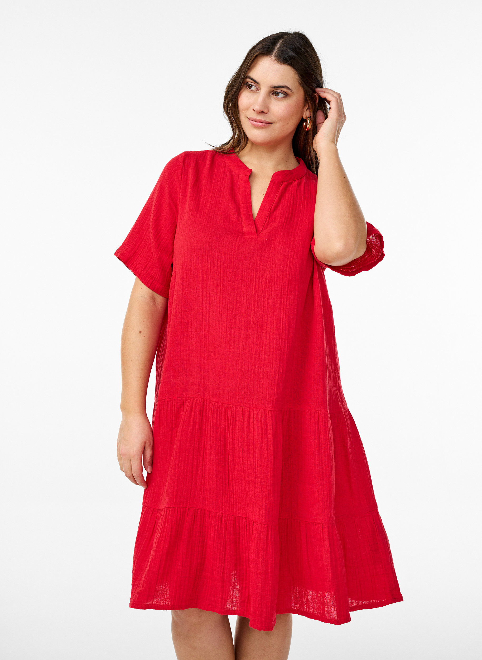 Zizzi Kurzes A-Linien-Kleid aus Baumwollmusselin, Rot, Model image number 0