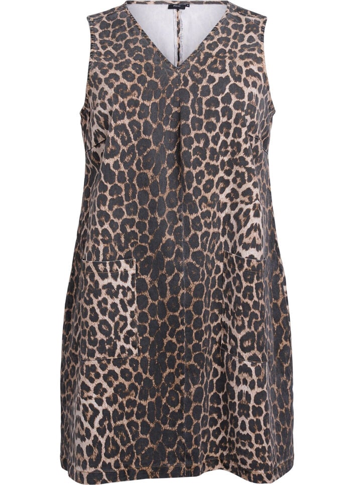 Latzkleid mit Taschen und Leopardenmuster, Braun, Packshot image number 0