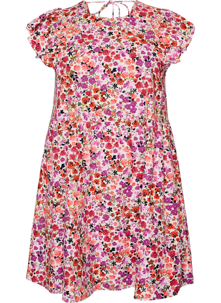 Gebl&uuml;mtes Kleid aus Baumwolle mit R&uuml;schen und V-Ausschnitt, Pink, Packshot image number 0