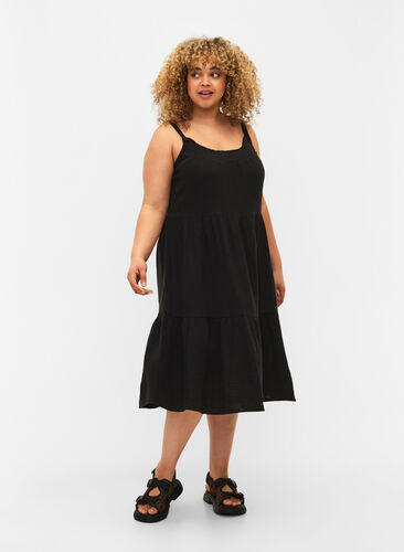 Einfarbiges Trägerkleid aus Baumwolle, Black, Model image number 2