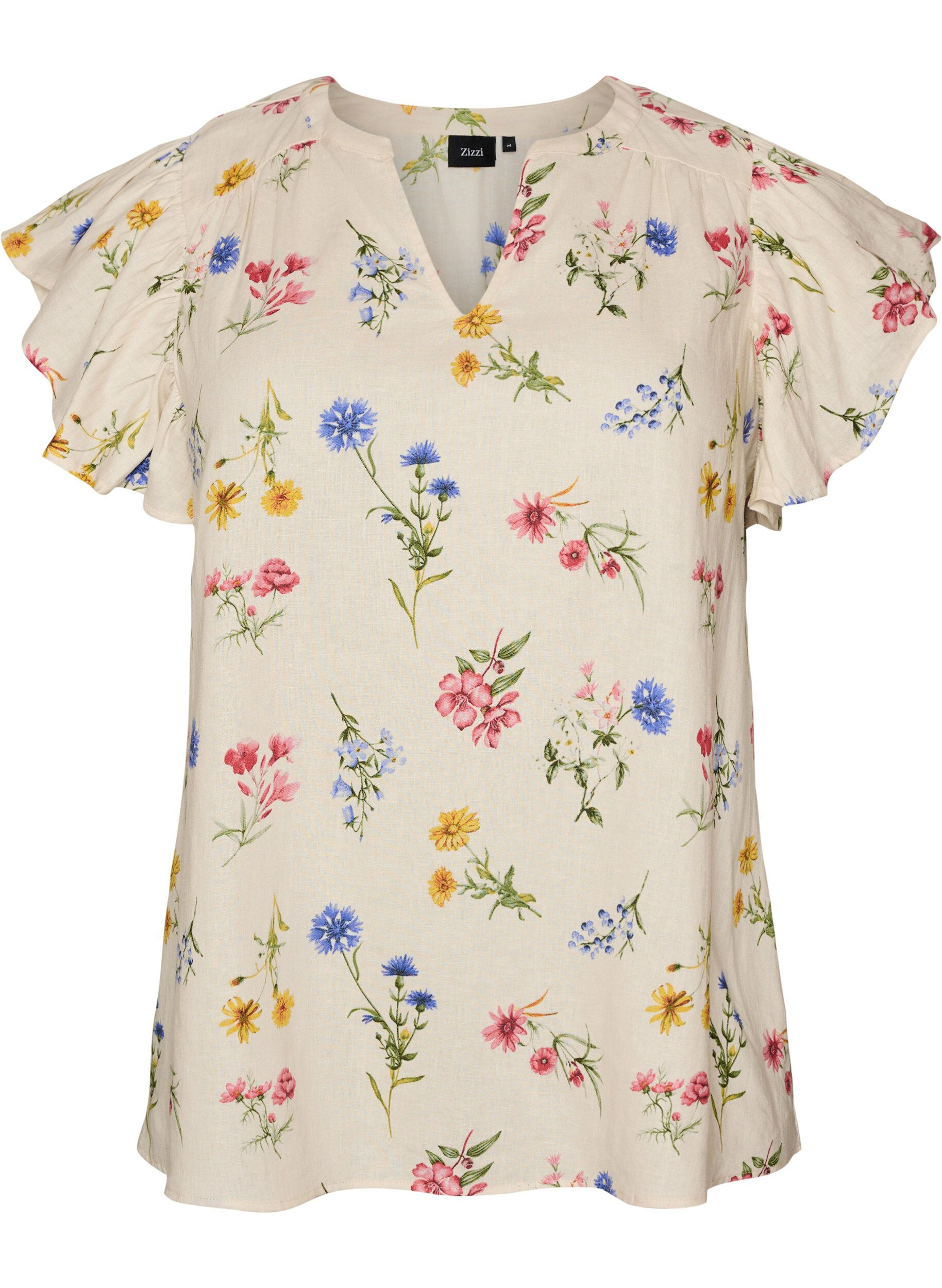 ZizziBluse aus Viskose und Leinen mit R&uuml;schen&auml;rmeln, Beige, Packshot image number 0