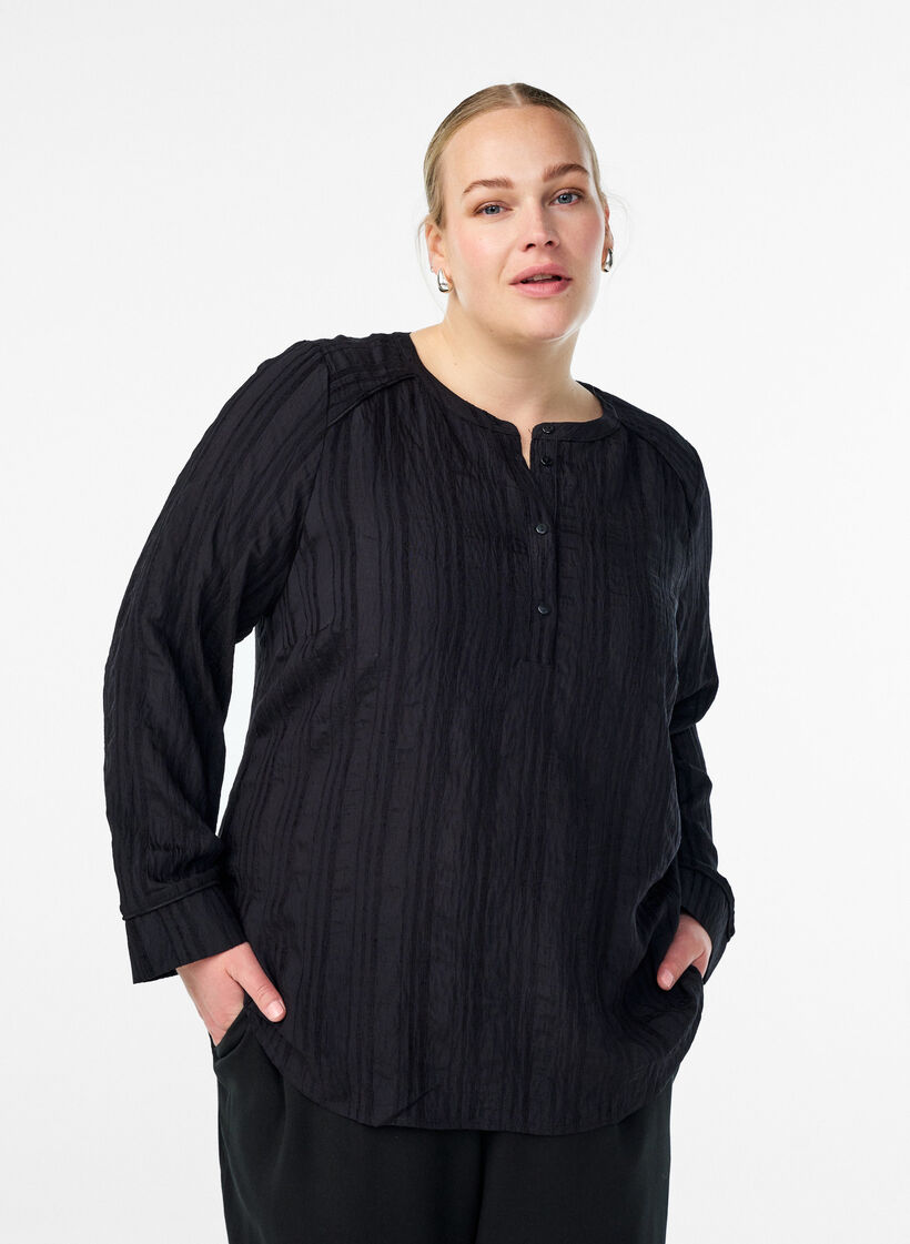 Bluse mit Ton-in-Ton-Struktur und Knöpfen, Schwarz, Model image number 0