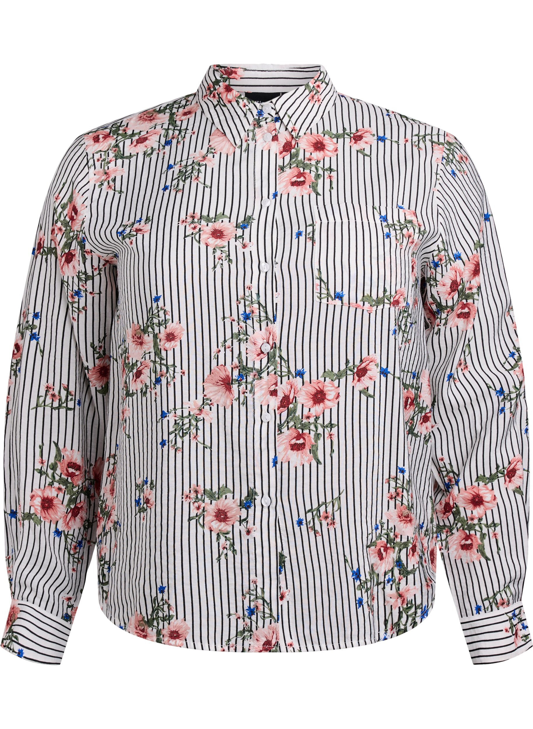 Zizzi Bluse mit gebl&uuml;mtem Print und schmalen Streifen, Schwarz, Packshot image number 0