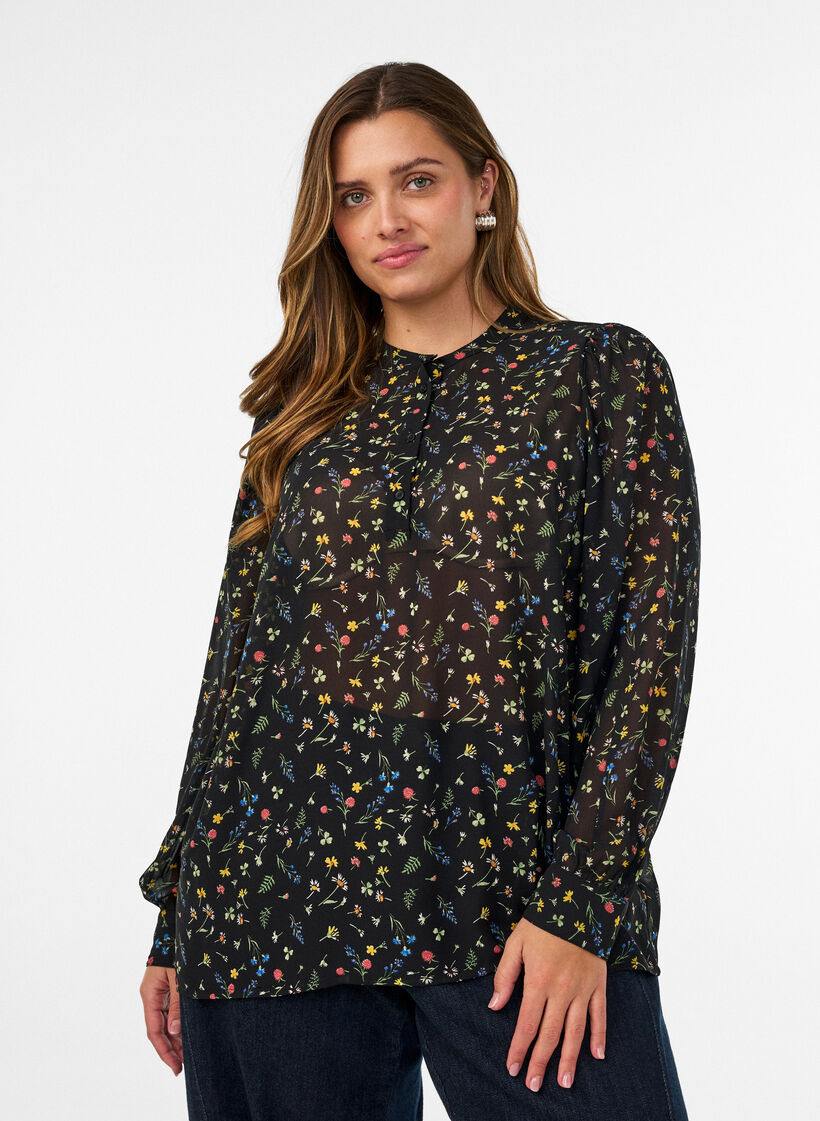 Bluse mit Allover-Print und kurzer Knopfleiste, Schwarz, Model image number 0