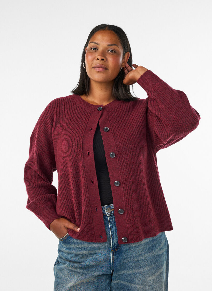 Rippenstrick Strickjacke mit Kn&ouml;pfen, Rot, Model image number 0