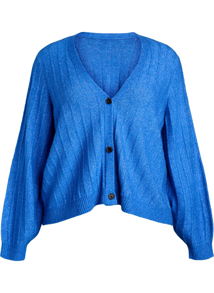 Strickjacke mit Rippstruktur und Ballonärmeln, Blau, Packshot image number 0