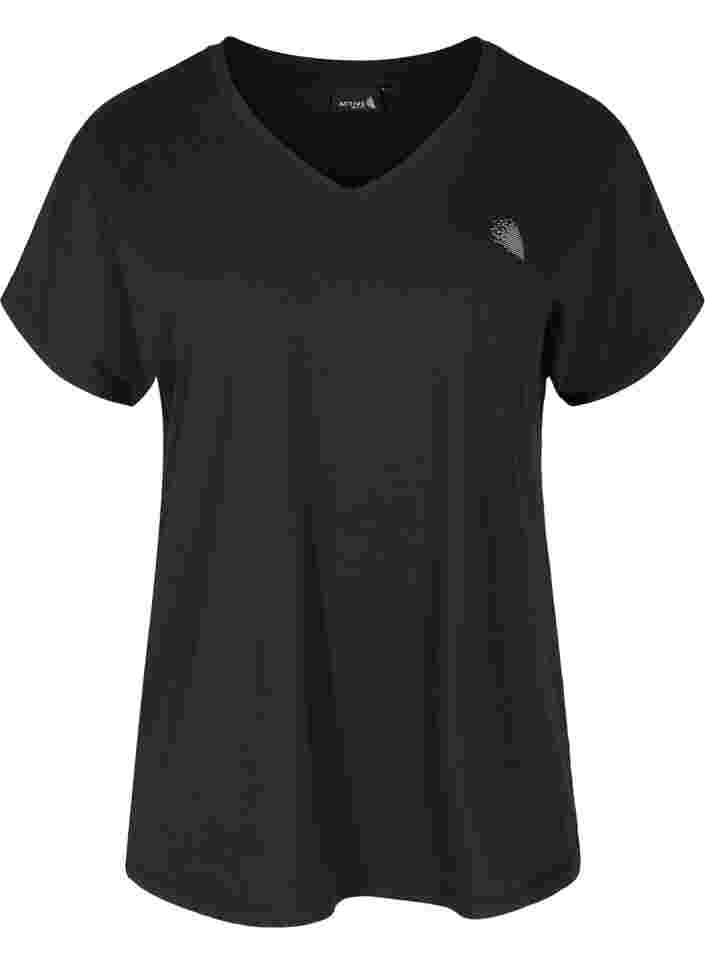 Kurzarm Trainings-T-Shirt mit V-Ausschnitt, Black, Packshot image number 0