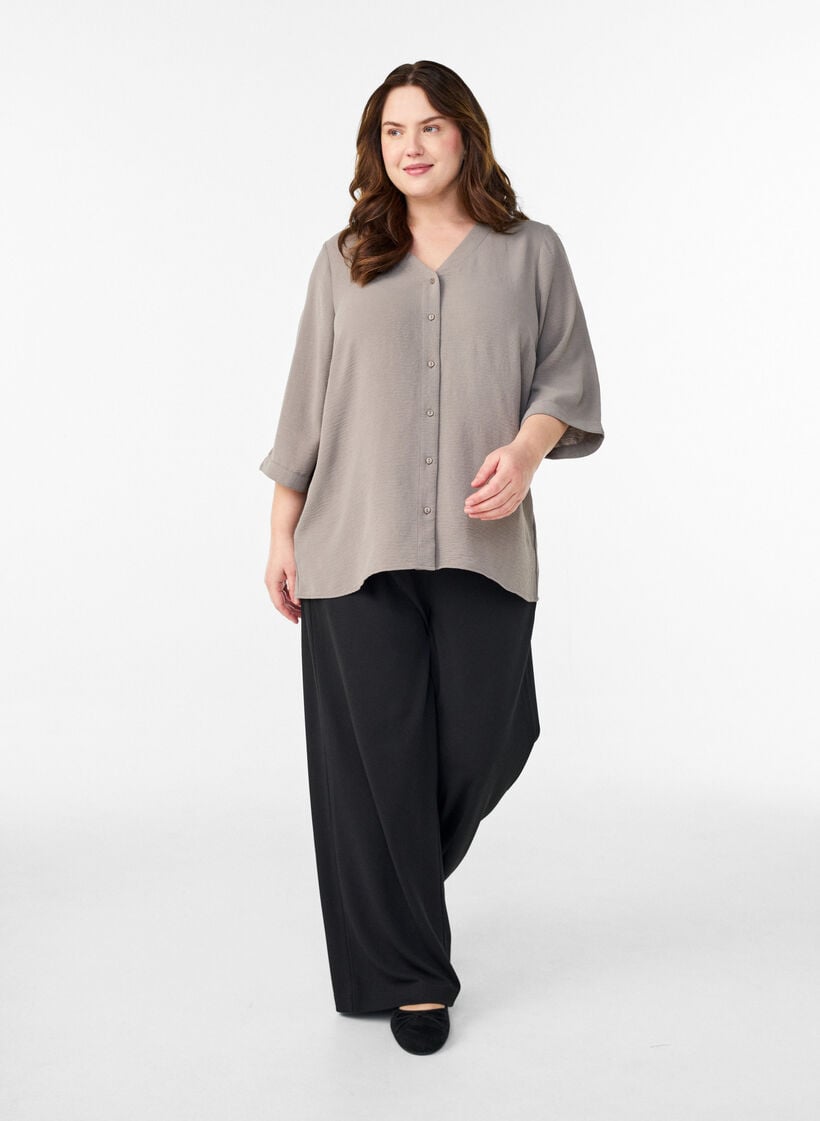 Bluse mit V-Ausschnitt und 3/4-&Auml;rmeln, Beige, Model image number 1
