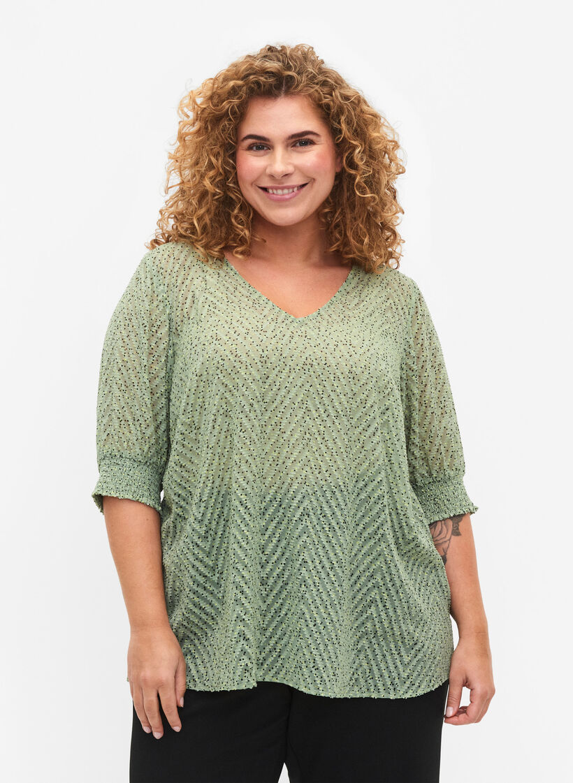 Gepunktete Bluse mit kurzen Ärmeln, Seagrass Dot, Model image number 0