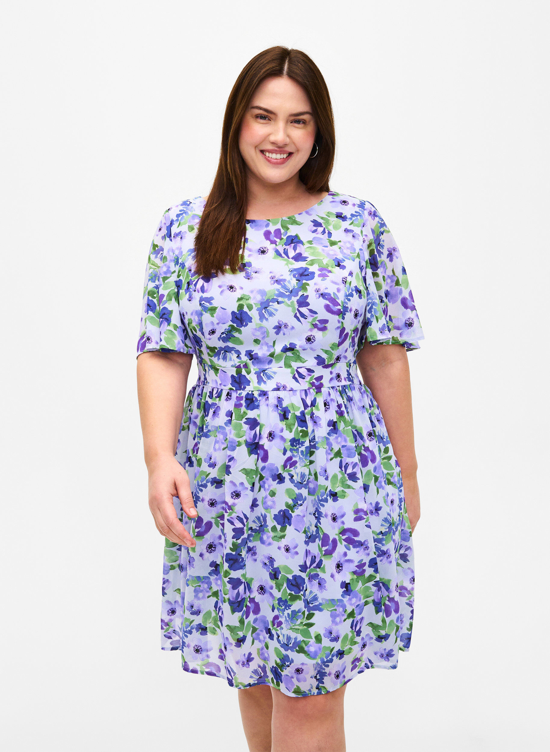 Zizzi Gebl&uuml;mtes Kleid mit kurzen &Auml;rmeln, Xenon B. Flower AOP, Model image number 0