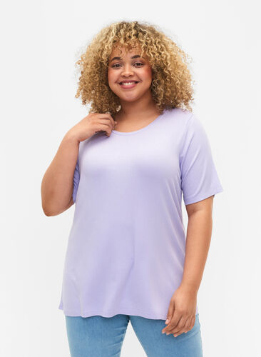T-Shirt aus Viskose mit Rippstruktur, Lavender, Model image number 0