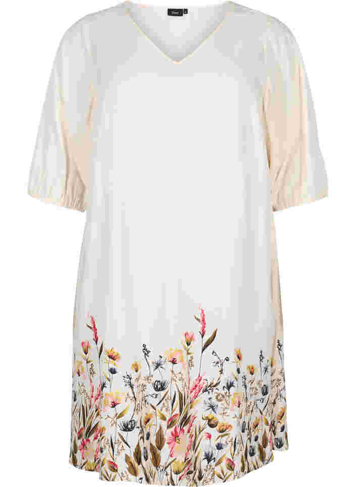 Kurzärmeliges Kleid aus Viskose mit Blumendruck, Off White Flower, Packshot image number 0