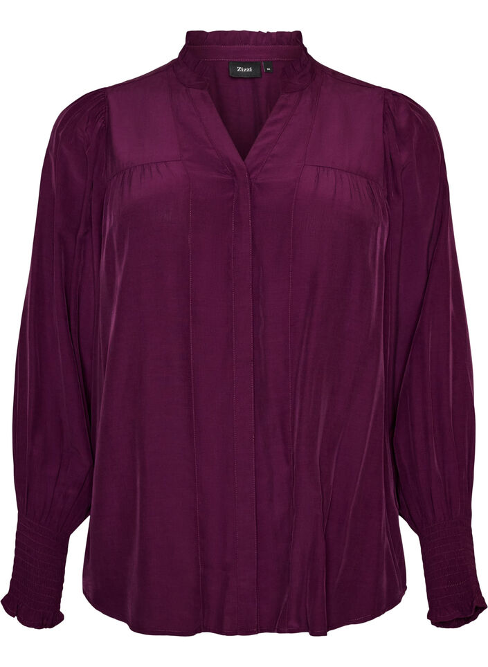 Bluse mit R&uuml;schenkragen und Raffung, Lila, Packshot image number 0