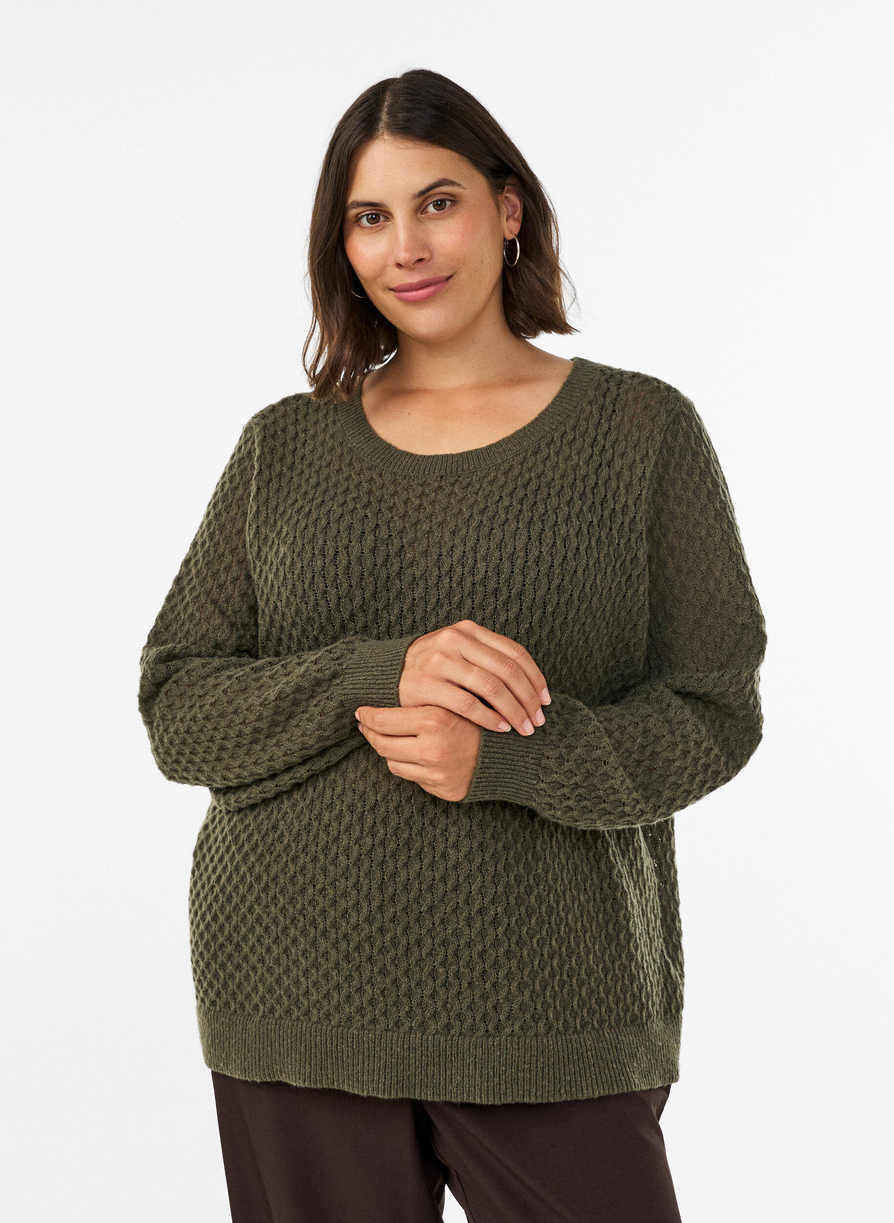 ZizziStrickbluse mit strukturiertem Lochmuster, Gr&uuml;n, Model image number 0