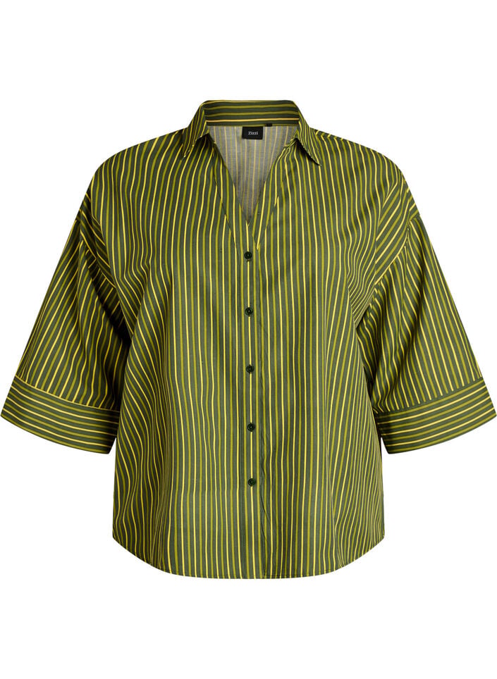 Lockere gestreifte Bluse mit 3/4-&Auml;rmeln, Gr&uuml;n, Packshot image number 0
