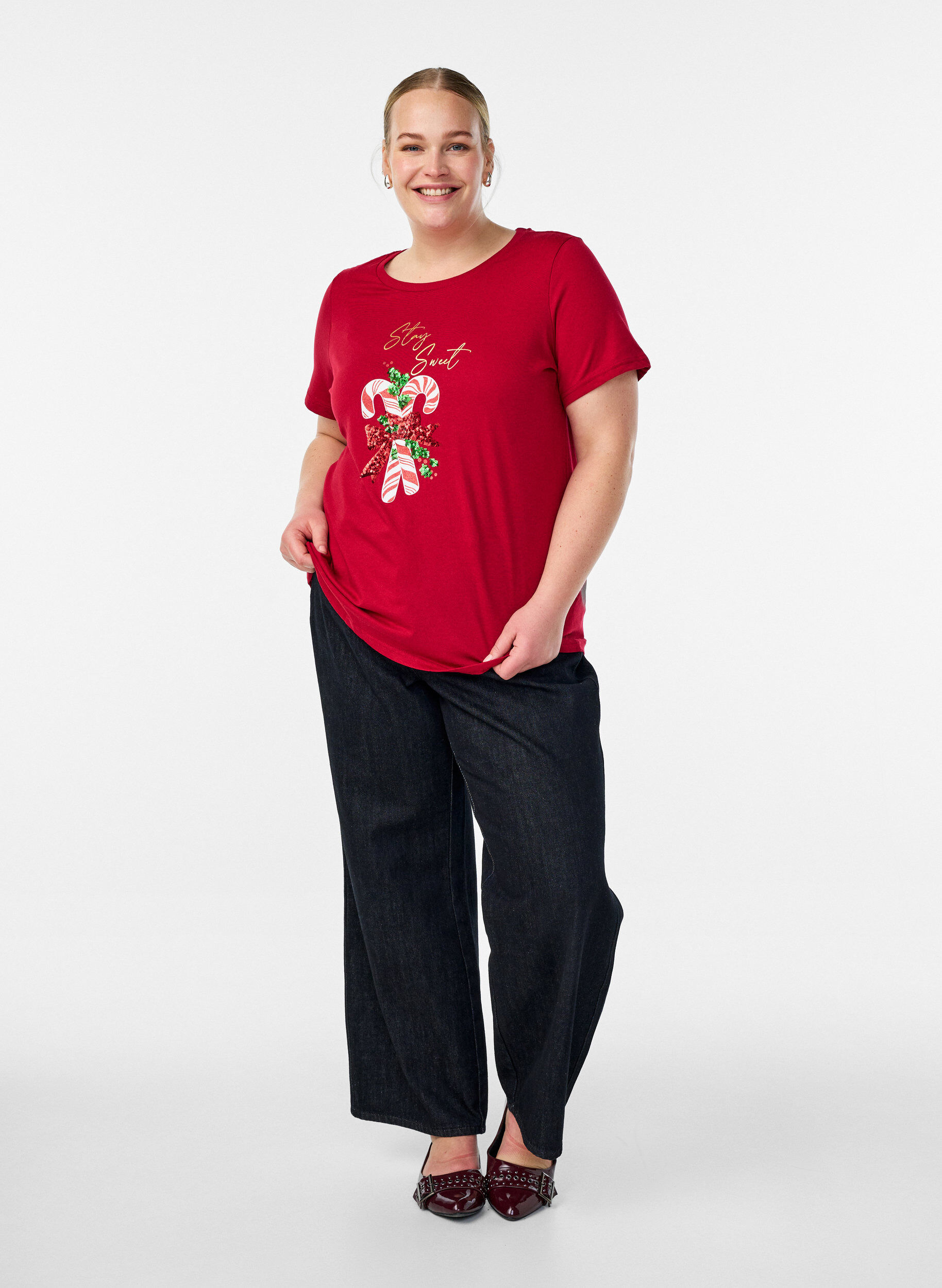 Zizzi Weihnachts-T-Shirt aus Bio-Baumwolle, Rot, Model image number 1