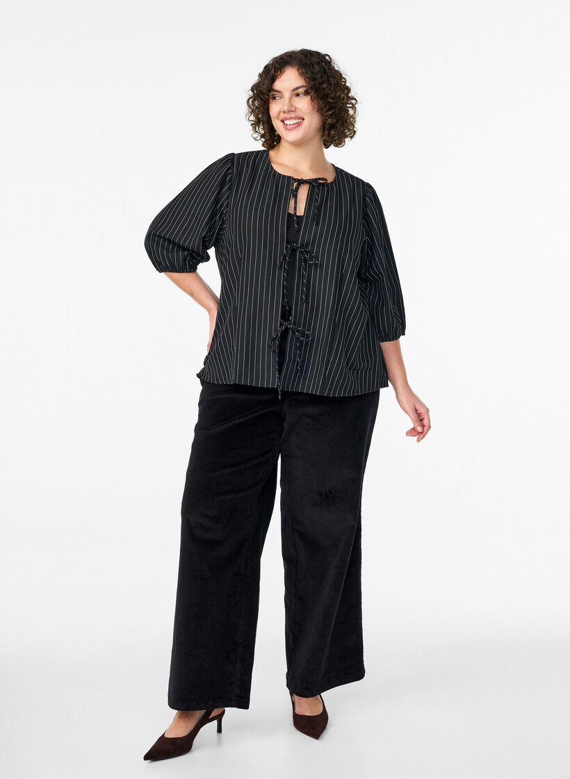 Bluse mit Nadelstreifen und Bindebändern, Schwarz, Model image number 1