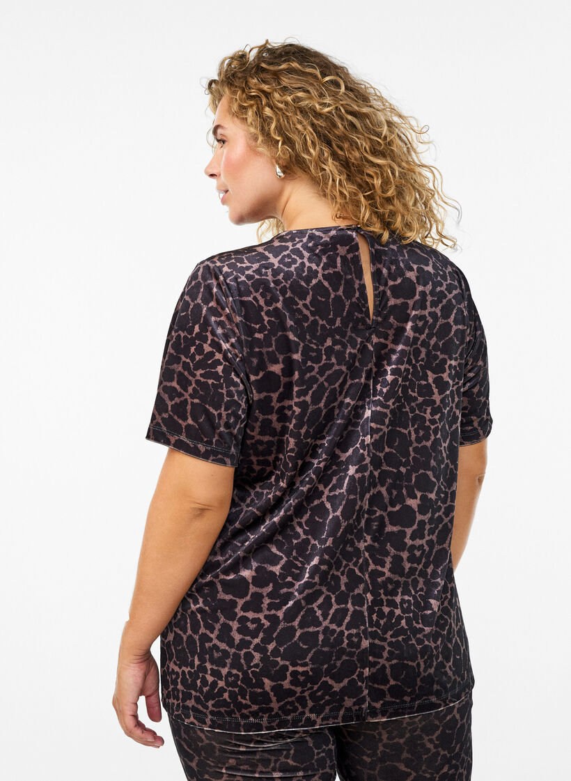 Kurzärmeliges Top aus Velours, Braun, Model image number 2