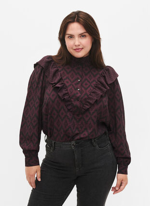 Shirtbluse aus Viskose mit Rüschendetails, Winetasting w. Black, Model image number 0