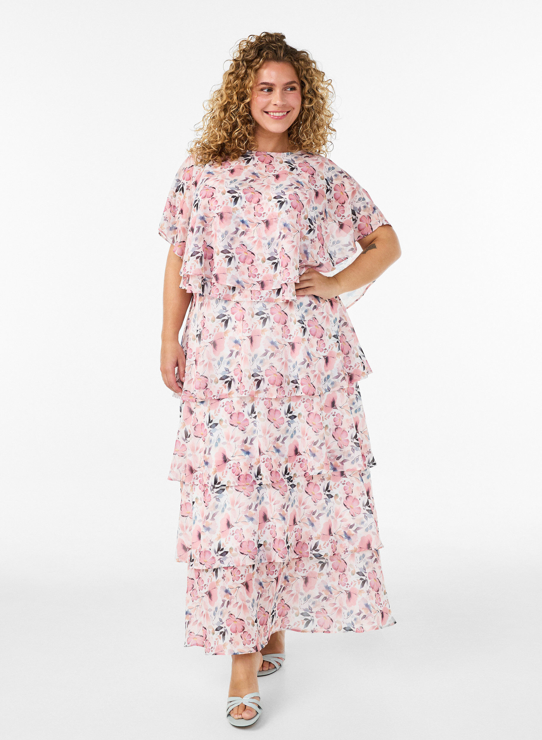 ZizziMaxikleid mit R&uuml;schen-Volants und abnehmbarem Cape, Wei&szlig;, Model image number 0