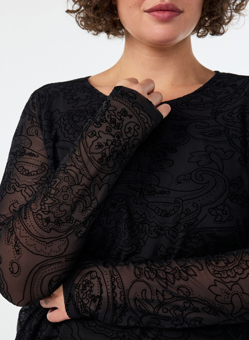 Mesh-Bluse mit Paisley-Print und asymmetrischem Saum, Schwarz, Model image number 3